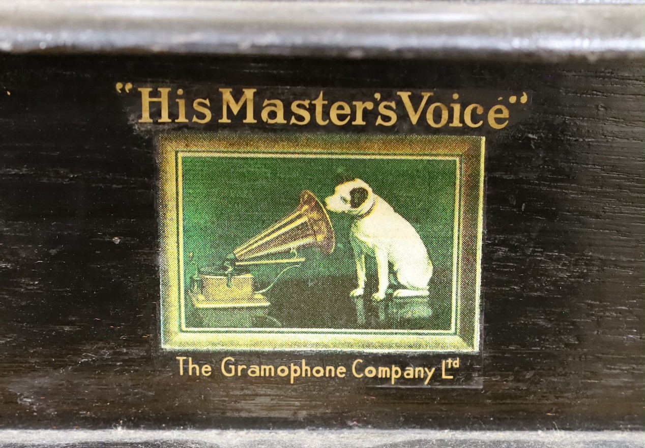 A “His Masters Voice” gramophone with horn